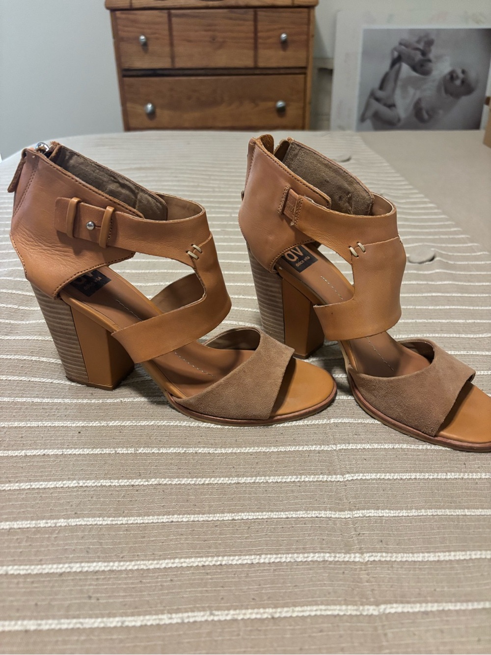 Dolce Vida Tan Leather Stack Heel Sandals